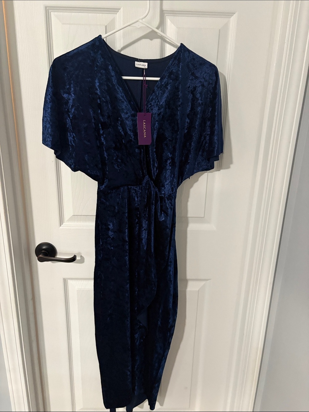 LAGGANA Navy Velvet Midi Wrap Dress